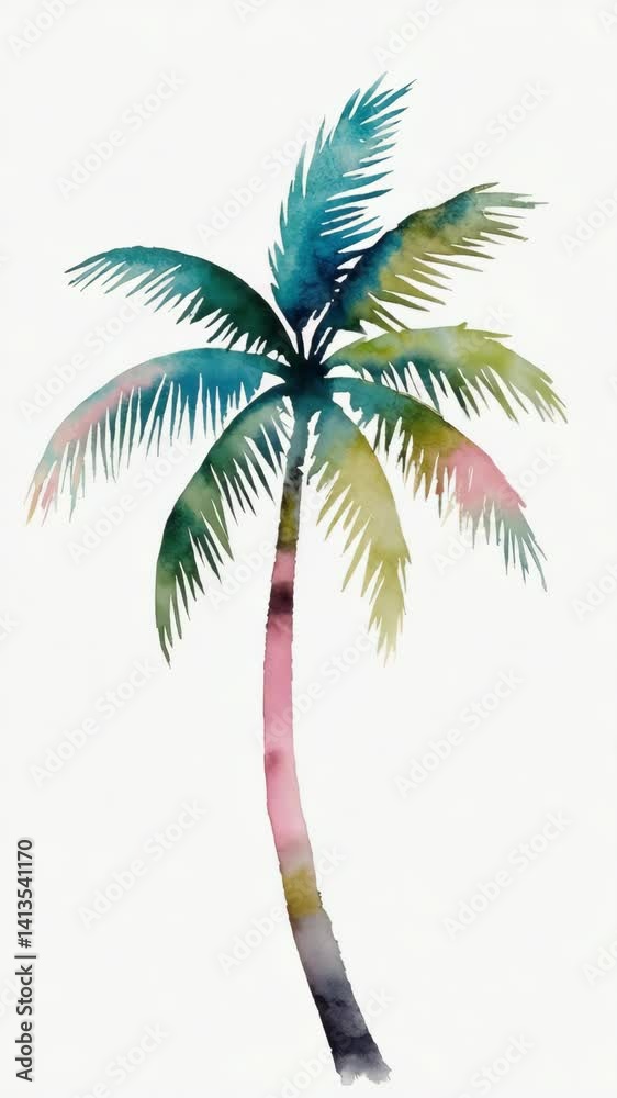 Whimsical watercolor painting of a single, vibrant palm tree with colorful fronds on a plain white background.