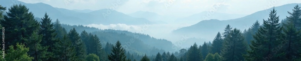 Naklejka premium Dense fir trees stand in misty forest landscape with fog rolling in from distant mountains, landscape, fog, nature