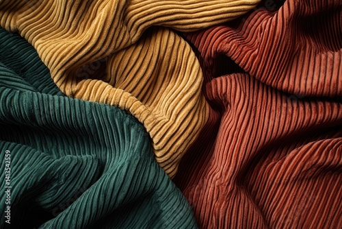 Textured corduroy fabric in autumnal shades of deep green, golden brown, and rust.