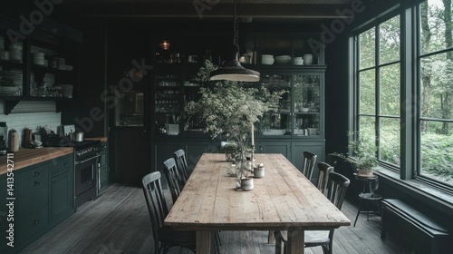 An inviting view of a rustic kitchen showcasing a long wooden dining table set for a meal, surrounded by dark wooden cabinetry, a black range, and a large window offering a view of the green photo