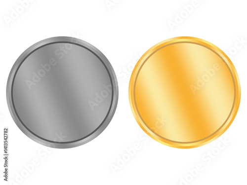 Golden coin shape. Silver coin surface. Glossy vector buttons. Metallic circle element.