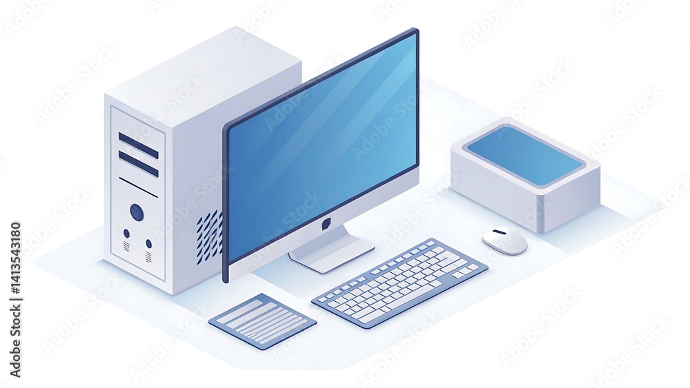 Isometric illustration of a desktop computer setup with a monitor, keyboard, and mouse on a white surface Isometric illustration of a desktop computer setup with a monitor, keyboard, and mouse on a white surface