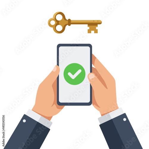 Flat Illustration Vector Unlocking Mobile Access Concept with Key and Checkmark