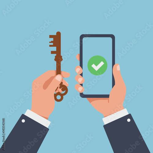Flat Illustration Vector Holding Key and Validated Smartphone for Security Illustration