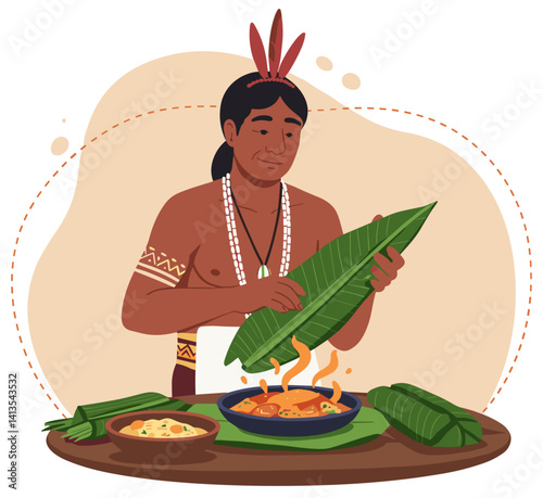 Indigenous Man Preparing Traditional Food with Banana Leaves