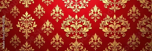Elegant damask seamless vector pattern in red and gold tones with intricate floral motifs, perfect for luxurious designs, floral, red, gold