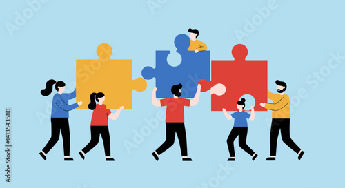 Flat Illustration Vector People Connecting Jigsaw Puzzle Pieces Together Illustration