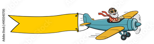 Cartoon pilot flying airplane with yellow banner  