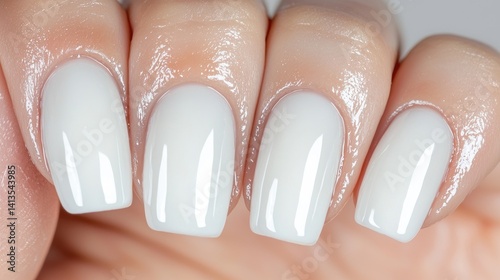 Closeup of elegant pearlescent white manicured nails