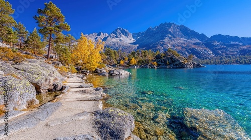 Serene mountain lake autumn landscape panoramic view