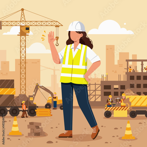 Flat Illustration Vector Construction Worker Signaling Stop at Building Site