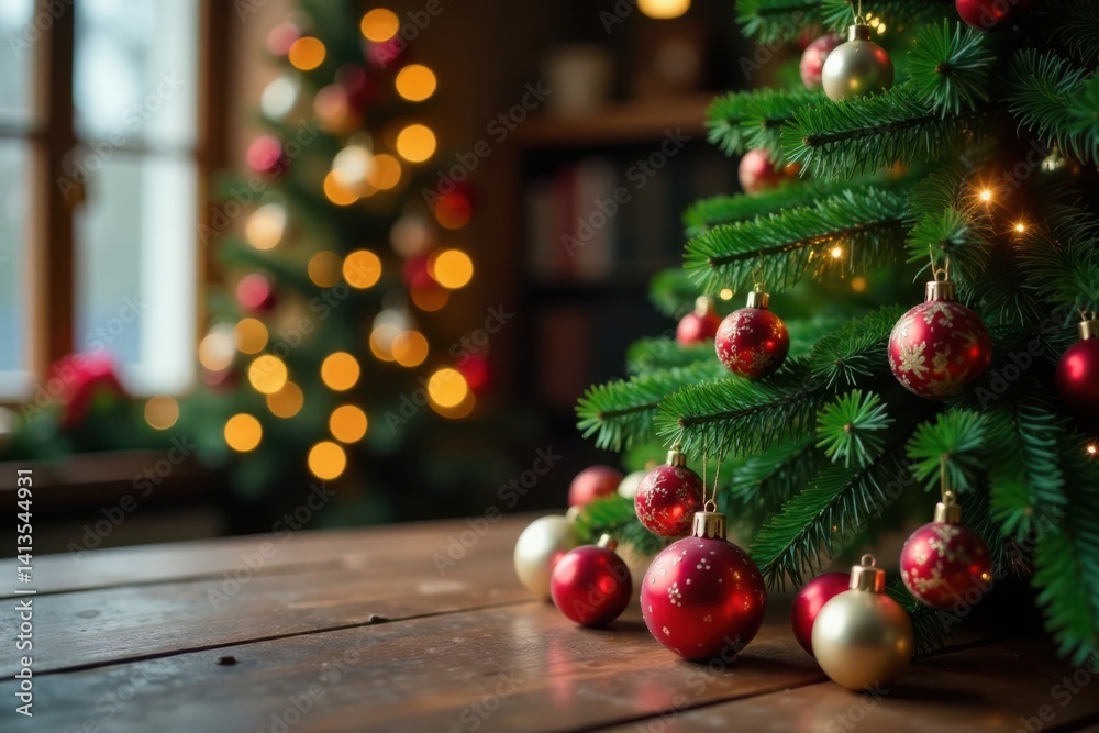 Evergreen Christmas tree on wooden table with ornaments and lights , Holiday decor, Winter wonderland Evergreen Christmas tree on wooden table with ornaments and lights , Holiday decor, Winter wonderland
