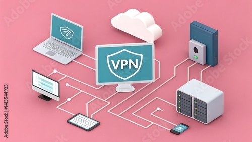 Isometric vpn network illustration with devices connected on a pink background and a cloud icon