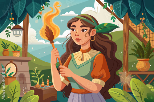 vector of The young woman is holding a smoked smudge in her hand and wants to disinfect the environment of the house