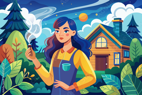vector of The young woman is holding a smoked smudge in her hand and wants to disinfect the environment of the house