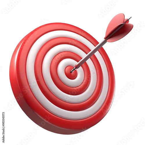 A red and white target with an arrow hitting the bullseye on a white background in a studio shot