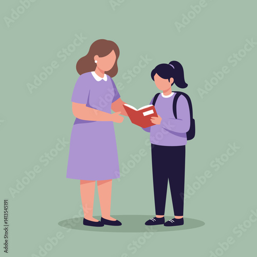 Flat Illustration Vector Teacher Helping Student Reading a Book Together