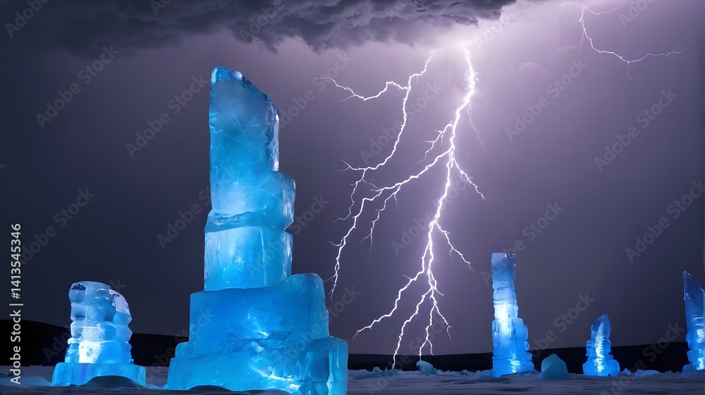 Ice Sculptures Illuminated During Thunderstorm