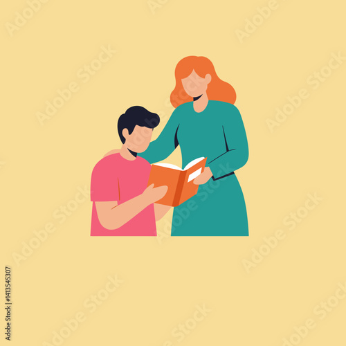 Flat Illustration Vector Person Reading a Book Together Learning and Helping