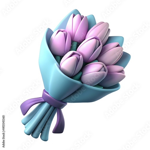 A bouquet of light purple tulips wrapped in light blue paper and tied with a purple ribbon bow tie