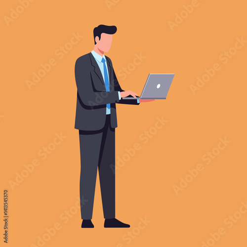 Flat Illustration Vector Businessman Using Laptop Standing Up on Orange Background