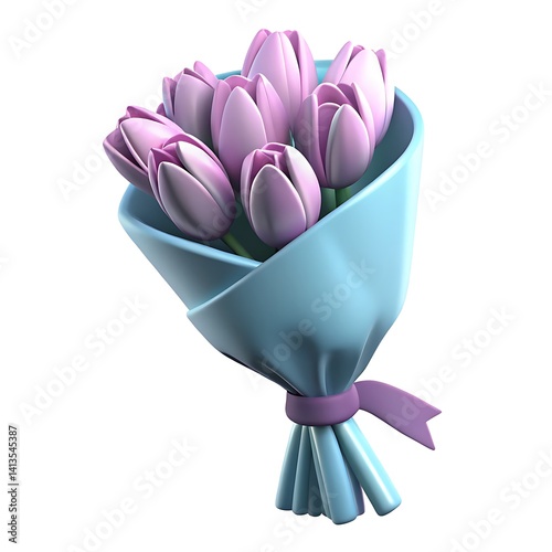 A bouquet of light purple tulips wrapped in light blue paper and tied with a purple ribbon bow