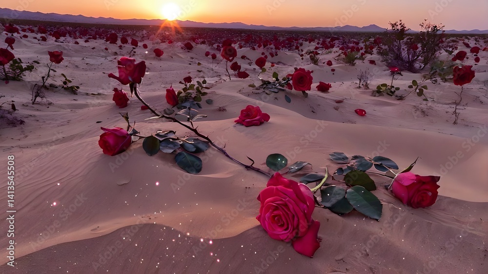 Red Roses Scattered in Desert Sand at Sunset