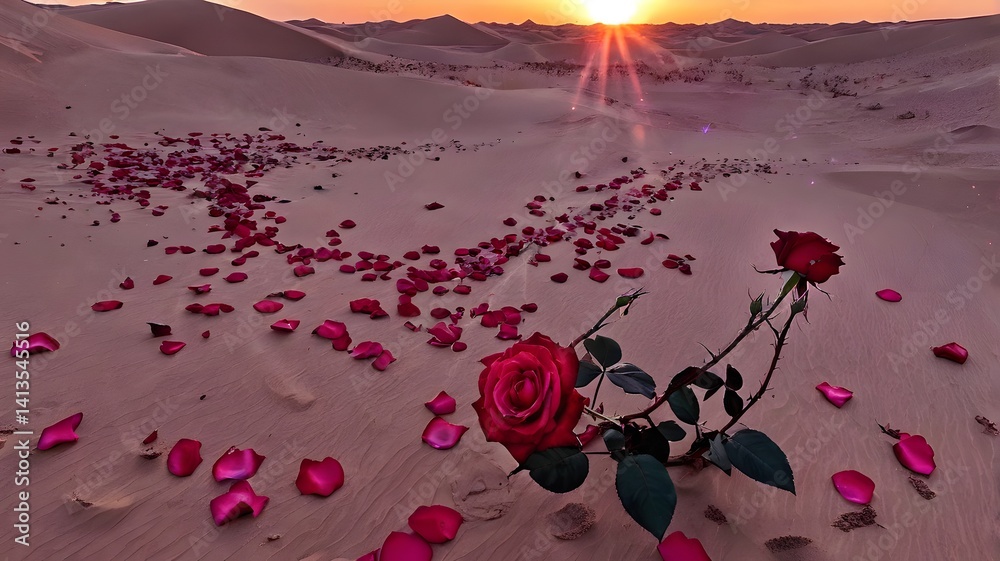 Red Roses and Rose Petals on Desert Sand at Sunset
