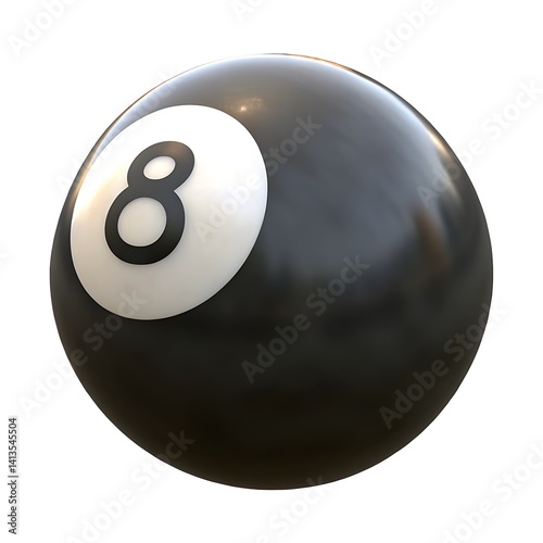 A single black billiard ball with a white circle and the number eight on a white background close up