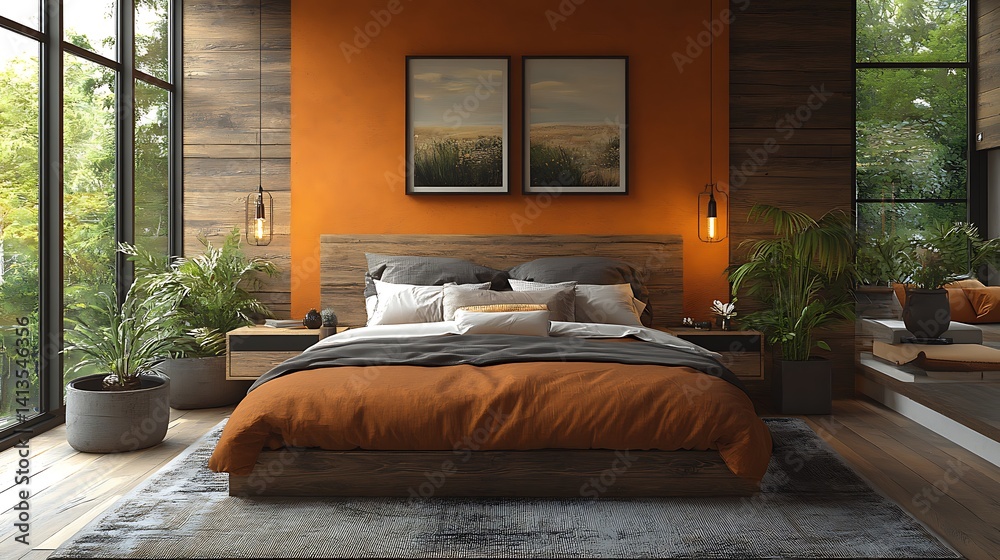 Fototapeta premium Modern Bedroom Interior Photo With Orange Wall Plants And Large Windows