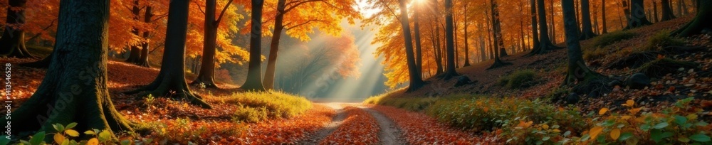 Fototapeta premium Forest clearing with dense deciduous foliage autumn, autumn colors, , leafy canopy