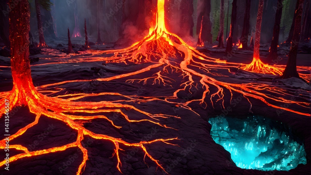 Lava Flow and Forest with Blue Pool