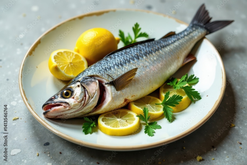 Fresh catch of fish on a plate with lemon and herbs, plate, lemon Fresh catch of fish on a plate with lemon and herbs, plate, lemon