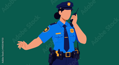 Flat Illustration Vector Officer Talking on Radio with Traffic Stop Hand Gesture