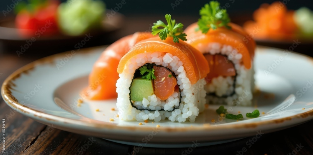 Fresh sushi roll on a plate with a single piece of salmon, seafood food, seafood Fresh sushi roll on a plate with a single piece of salmon, seafood food, seafood