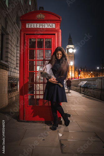 Obraz na płótnie A red telephone booth stands in the foreground with a woman holding flowers. Big Ben and the Houses of Parliament are illuminated in the background. w salonie