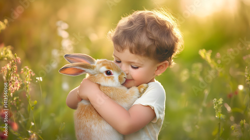 un niño abrazando a su conejo adorable y tierno demostracion de amor y cariño en un jardin iluminado por los rayos del sol al aire libre