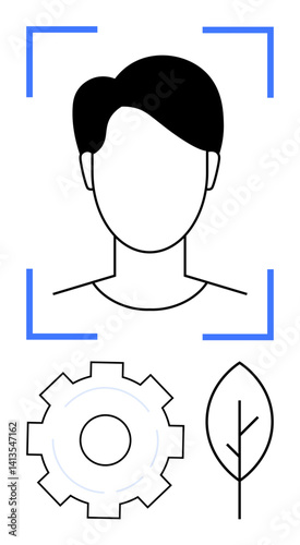 Human profile framed by recognition elements, a gear representing technology, and a leaf for ecology. Ideal for identity, sustainability, technology, innovation, environment, teamwork simple landing
