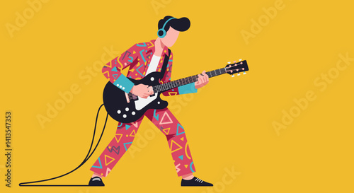 Flat Illustration Vector Playing Electric Guitar with Headphones in Colorful Suit on Yellow