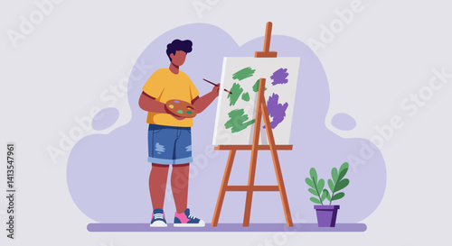 Flat Illustration Vector Person Painting on Canvas with Brush and Palette
