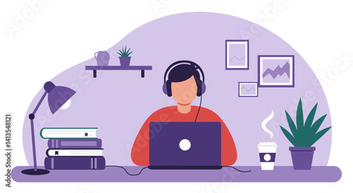 Flat Illustration Vector Person Working on Laptop at Desk with Books and Coffee
