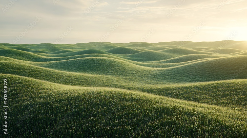 Fototapeta premium Rolling green meadow dew covered grass under gentle spring sun High resolution detail each blade of grass light fog warm golden hue blending cool green tone Peaceful rural vibe cinematic lighting