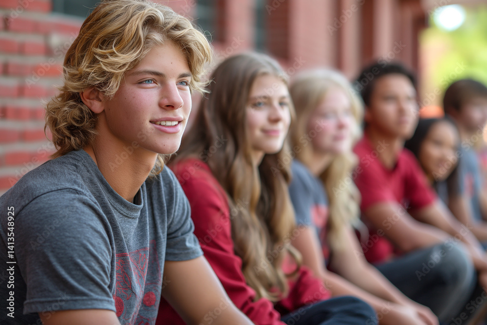 Obraz premium A group of people are sitting on a brick wall