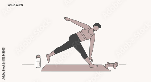 Flat Illustration Vector Woman Exercising with Yoga and Weights at Home