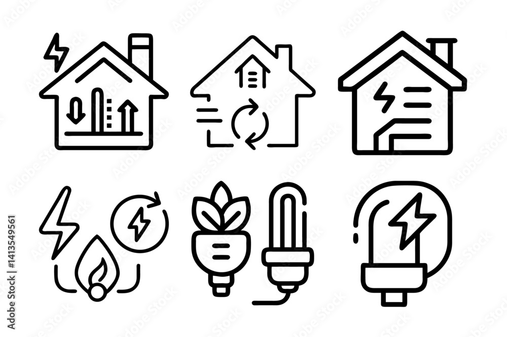 Energy efficiency and energy saving home-related linear icon set in outline vector style. set of hand-drawn house icons Energy efficiency and energy saving home-related linear icon set in outline vector style. set of hand-drawn house icons