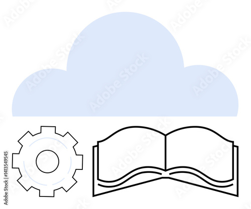 Blue cloud above gear and open book symbolizes cloud storage, technology, learning, collaboration, digital library, education, and innovation. Ideal for services, software apps learning platforms