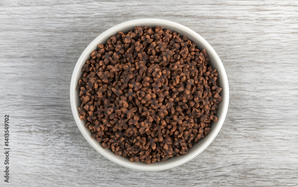 Overhead View of Dark Brown Granules in White Bowl Overhead View of Dark Brown Granules in White Bowl