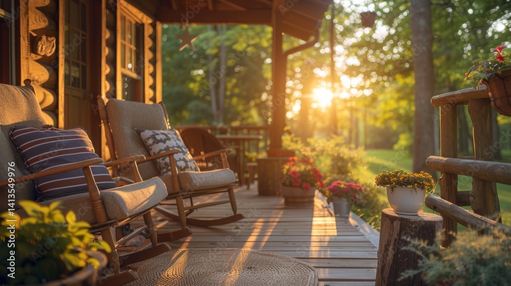 Obraz premium Cozy Cabin Porch Relaxing Sunset Ambiance with Patriotic Pillows, Ideal for Independence Day