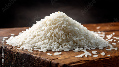 Pile of white rice grains scattered on wooden surface