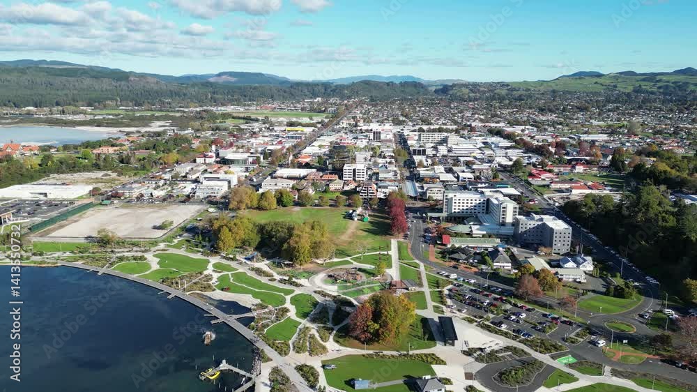 Rotorua, New Zealand, Cityscape Aerial View with Lakeside Park